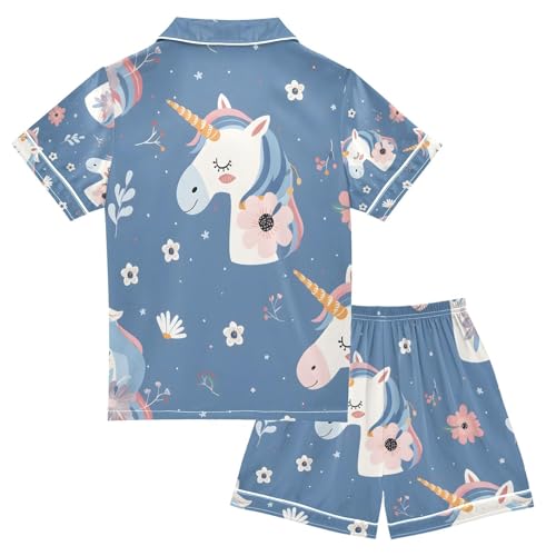 senya Cute Unicorn Head A Satin Summer Pajama Sets Silk Short Sleeve Button Down Sleepwear2