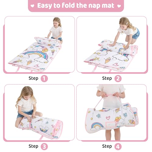 Image of Viviland Toddler Kid Nap Mat for Preschool, White Unicorn Slumber Bag, Daycare Bag with Pillow and Blanket, Kindergarten Mat