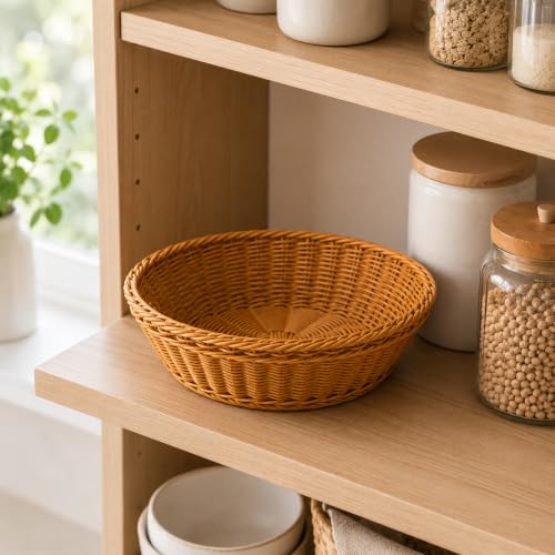 Image of Round Roti Basket Set of 6 |Bread Basket |Woven Plastic Serving Baskets for Snacks, Chapati, Bakery Items & More | Durable & Easy-to-Clean for Home, Cafe & Restaurant Use, Brown