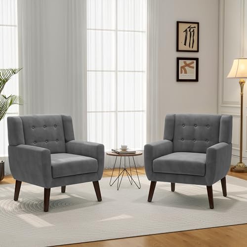Accent Chair, Mid-Century Modern Velvet Fabric Chairs with Arms for Living Room, Comfy Upholstered Club Single Sofa Armchair for Bedroom Waiting Room with Solid Wood Frame (Velvet Grey, Set of 2)