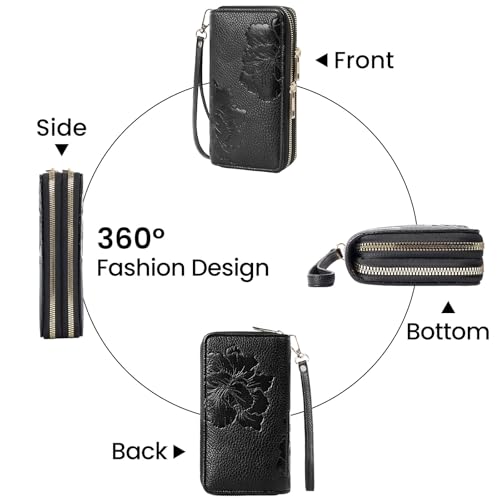Leather Womens RFID Blocking Wallets Wristlet Clutch Double Zipper Wallet Large Capacity for Phones Credit Card Holder Black4
