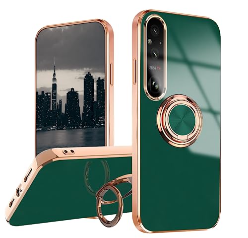 Hlgcokro for Sony Xperia 1 VI Case with Magnetic Stand, Phone Case for Sony Xperia 1 VI Silicone with Ring Holder Shockproof Slim Thin Luxury Plating Bumper Cover (Night Green)