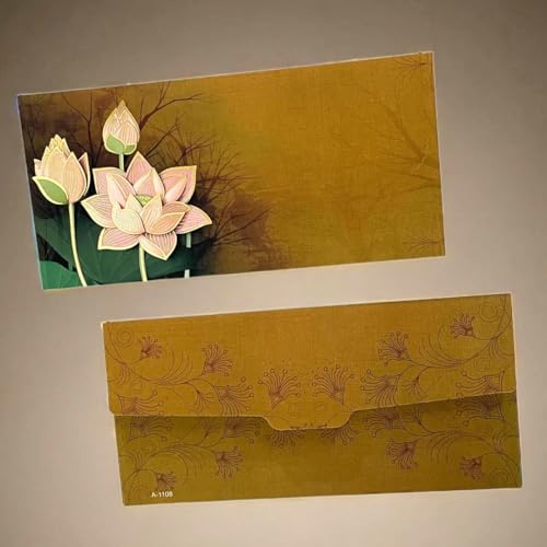 Image of Pack of 20, Lotus Blossom Design Shagun Envelopes for Gifting Cash Money Cover Velvet Finish Paper Tuck Flap Designer Fancy Sagan Lifafa Wedding, 19 X 9.5 cm, Royal Brown Color