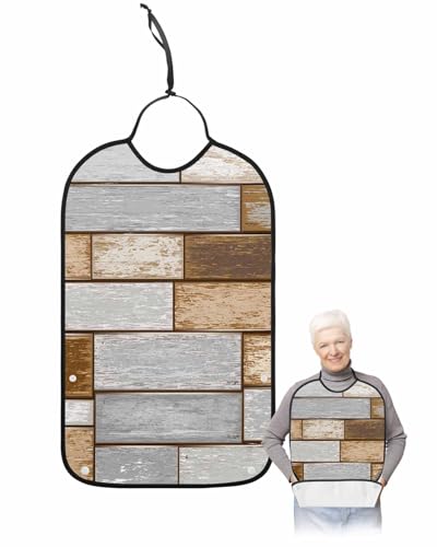 LEOKOTI Farmhouse Grey Brown Adult Bibs for Eating, Waterproof Bibs with Food Catcher & Adjustable Snap Closure, Country Vintage Wooden Washable Clothing Protectors Adult Bibs for Elderly Women/Men