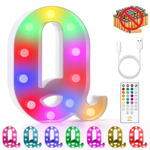 mooncow Rechargeable Light Up Letters,Colorful Marquee Letters with Remote,Gift Wrap Gifts,Bedroom Home Bar Party Decor (Q)