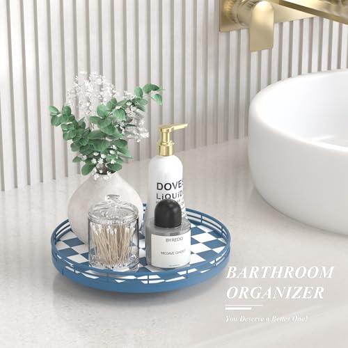 Image of Premium Rubber Wood Lazy Susan Turntable, Blue White Checkerboard Decorative Serving Tray, Hand-Welded Metal Railing, Stable Rotating Organizer for Dining Table, Kitchen Counter, Coffee Table Decor