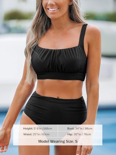 Image of CUPSHE Women's Tummy Control High Waisted Bikini Set Textured Bathing Suit | Removable Soft Cups, Ruched, Adjustable Wide Straps, Ribbed Texture, Twist Back Detail, Full Coverage, Sporty, Beach Vacation