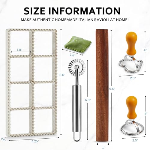 MUMSUNG Ravioli Maker Press, Ravioli Stamp Maker - Heart Round Squares Ravioli Stamp Maker Cutter with Wood Rolling Pin and Ravioli Wheel, Ravioli Stamp Pasta Making Tools | Makes 8 Ravioli, 1.85\"