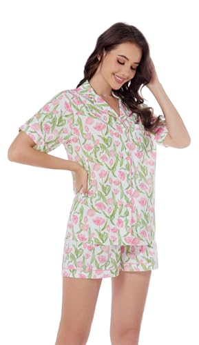Image of LUBOT 100% Cotton Pajamas for Women 2 Piece PJ Set Poplin Woven Lightweight Ladies Button Short Sleeve Sleepwear S-XXL