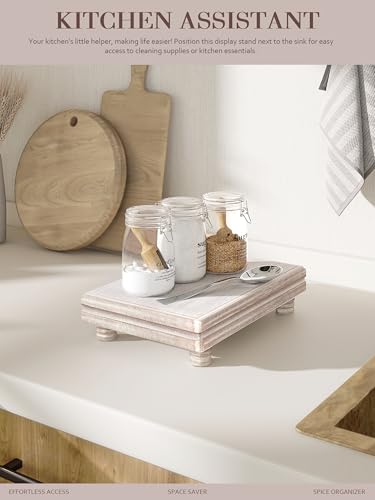 EOSAHR Decorative Tray Wood Pedestal Stand – Farmhouse Wooden Tray for Soap Holder & Bathroom Accessories - Kitchen Essentials & Bathroom Organizer for Home Decor (Natural Wood) - Image 3