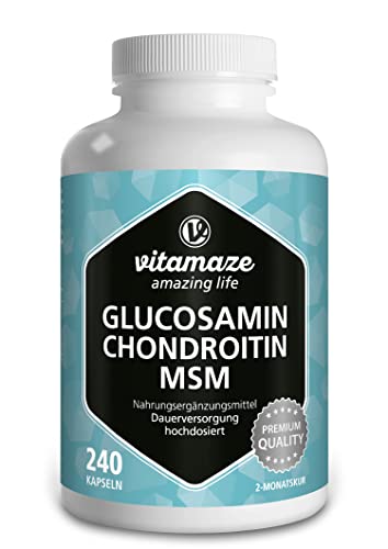 Glucosamina Condroitina MSM 2.250 mg + Vitamina C, 240 Cápsulas de Complejo VITAL de Alta Dosis, Suplemento Alimenticio Natural sin Aditivos Innecesarios. Calidad Alemana - Vitamaze®