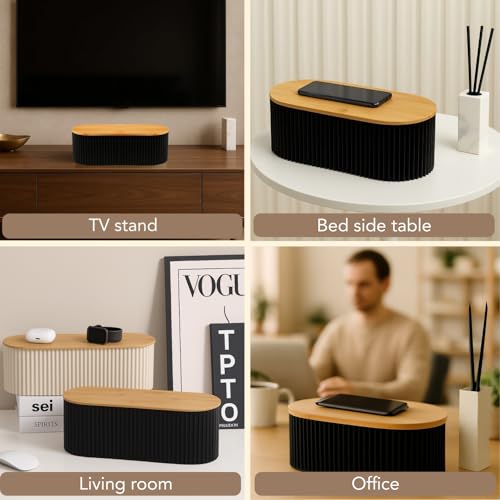Image of Soko Cable Management Box with Bamboo Lid | Cords Hider & Surge Protector | Concealer for Power Strips, Router, TV, Gadget Wires Storage Organiser Tray for Desk, Table - Home, Office - Black