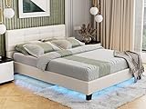 IKIFLY Modern Queen Size LED Bed Frame - White Upholstered Faux Leather Platform Bed with Changing LED Lights Under Bed - Solid Wooden Slats Support - Easy Assembly - White / Queen