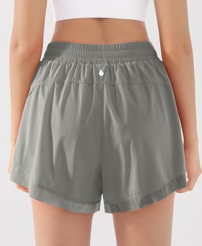 Women's 2 in 1 Flowy Butterfly Shorts 3" High Waisted Quick Dry Built-in Liner with Pockets Lightweight Athletic Tennis Grey — view 5