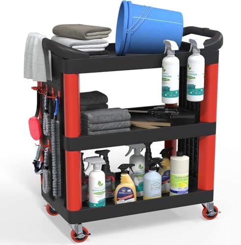 Wanmwill 3 Tier Car Detailing Cart Auto Detail Trolley with Wheels Side Hanging Plate & Hooks Detailing Tool Organizer for Mechanics & Detailers (Black)