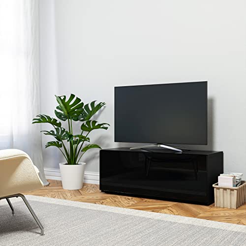 Image of SONOROUS ST-110 Premium TV Stand with Black Glass & Black Wood Cover - Modern Entertainment Center & Media Console for Living Room - TV Cabinet up to 65 Inch with Hidden Wheels - Sleek Storage Design