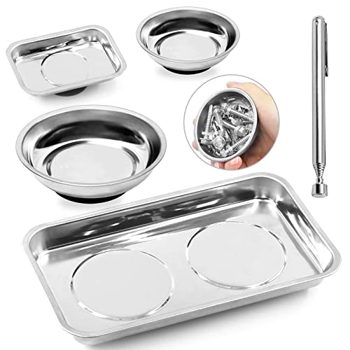 Swpeet 5Pcs 2 formes rond et carré plateau à outils en acier inoxydable avec Kit d’assortiment d’outils de ramassage magnétique 3Ib, support de plateau de pièces...