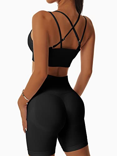 Abonlen Seamless Workout Sets For Women Sports Bras With Athletic Shorts 2 Piece Outfits Crop Tops Yoga Gym Tracksuit (Black, Large) #TOP2
