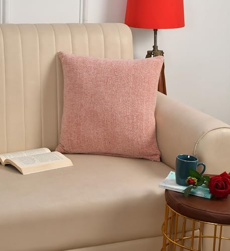 Image of SASHAA WORLD Rose Pink Chenille Cushion Cover | Decorative Pillow Case | Elegant Solid Design, Soft & Durable | Ideal for Living Room, Bedroom & Home Decor, 45X45 Cm