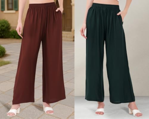 Image of Buy That Trendz Palazzo Pants for Women Rayon Elasticated Regular Fit Flared Wide Leg M to 6XL Pack of 2