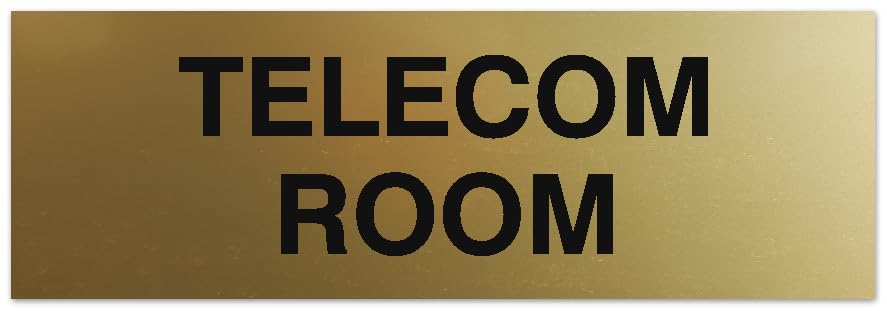 Signs ByLITA Basic Telecom Room Sign - Laser-Engraved Lettering | Durable ABS Plastic | Vibrant Colors | Powerful Foam Tape (Brushed Gold) - Small
