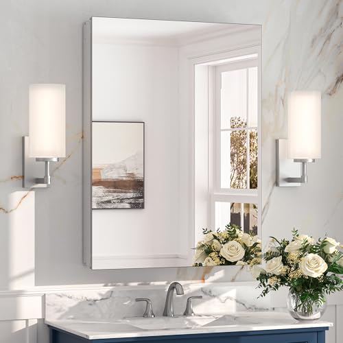 Keonjinn 24" x 32" Medicine Cabinet, Bathroom Mirror with Storage, Silver