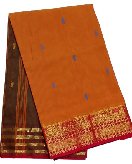 Women's Cotton Saree - Latest Golden Zari Woven Border Putta Saree Without Blouse (Orange With Light Brown Pallu)-image-4
