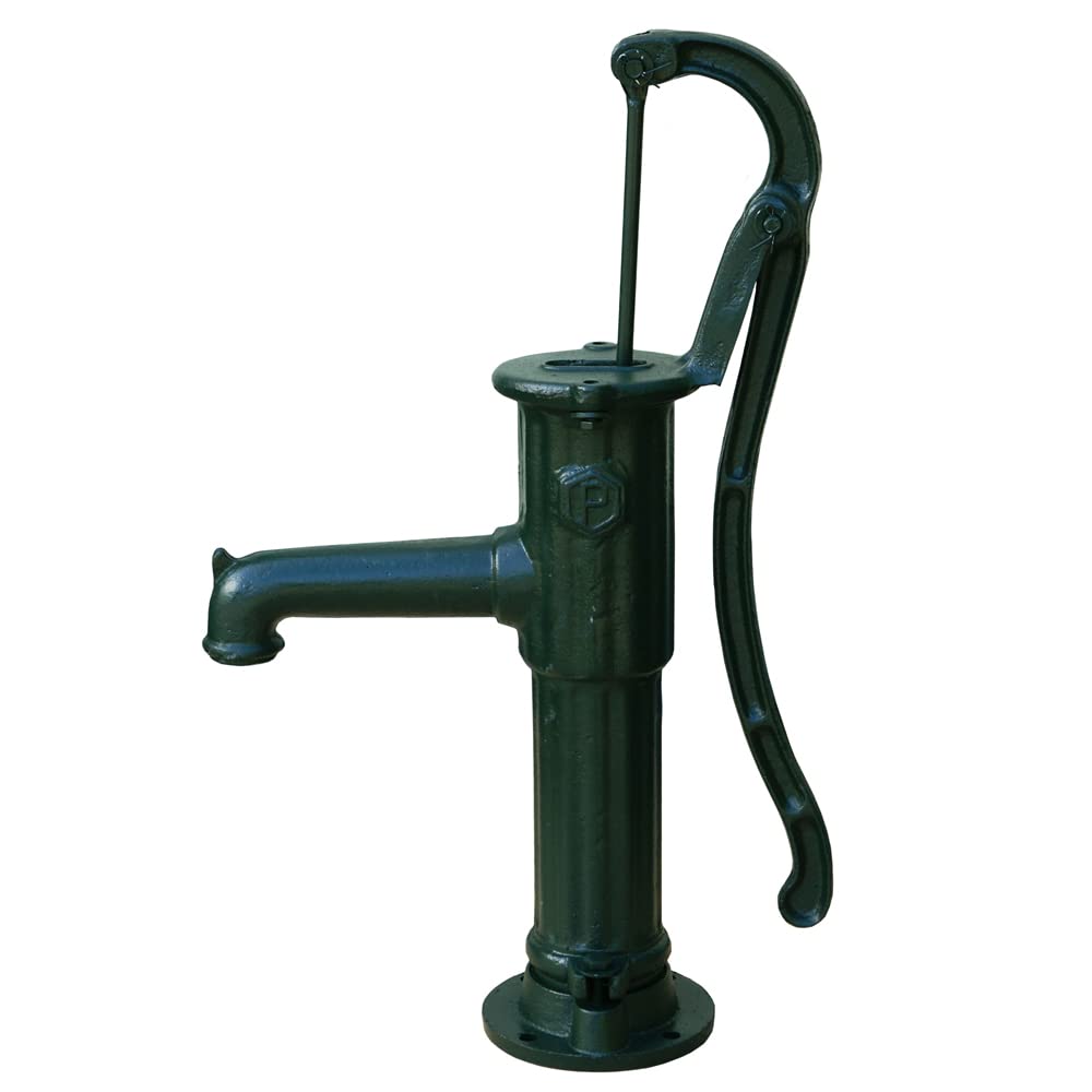 Bevo Handpumpe mit Rund-Flansch Länge 44 cm, Höhe 67 cm, Grauguß grün lackiert