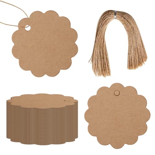 Xynovate 100 Pcs Etiquetas Papel Kraft, Etiquetas de Regalo, Etiquetas de Navidad con Cuerda de Yute para Regalos de Boda, Artesanía Navidad Cumpleaños(Flor 6x6cm-B) ⭐