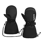 HIGHCAMP Kids Ski Mittens Waterproof Winter Snow Gloves with Strings & Strap on Long Cuff for Toddler Boys Girls- S (4-6 Y)