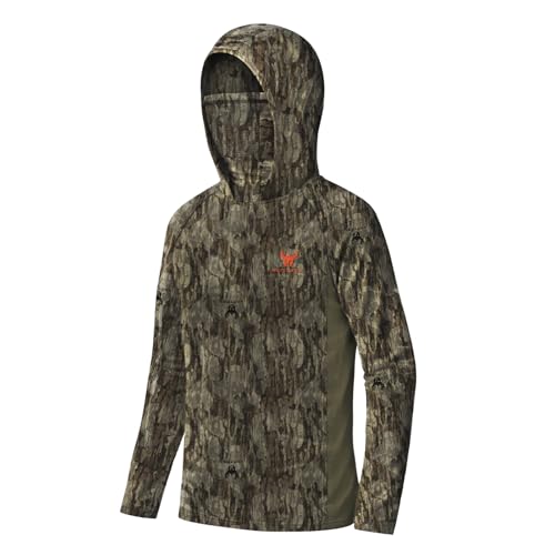 Hartena Youth Hunting Hoodie with Face Cover Boys Camo Long Sleeve Shirt UPF 50+ Quick Dry for Deer Turkey Hunting BarkRidge L