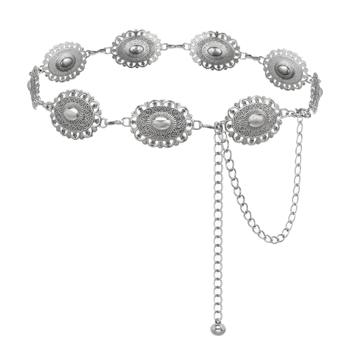 Western Concho Chain Belt for Women Boho Metal Belts For Country Concert Dresses Jeans Cowgirl Vintage Waist Belt