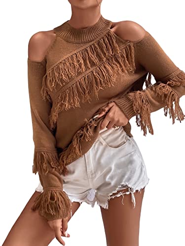 Wdirara Women's Cold Shoulder Long Sleeve Fringe Mock Neck Pullover Sweater Coffee Brown L #TOP29