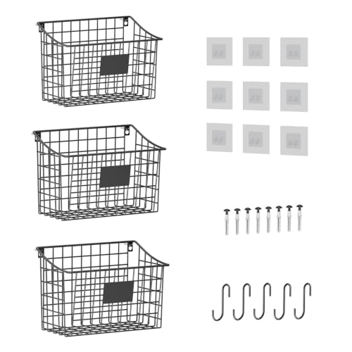 Wall Mounted Bin Basket with 5 Hooks 3 Label Plate Adhesive-3 Pack, Cabinet Hanging Metal Wire Basket,Rustic Farmhouse Decor, Storage Organization Shelf for Pantry Kitchen Bathroom 10.6*7.5*5.1inch