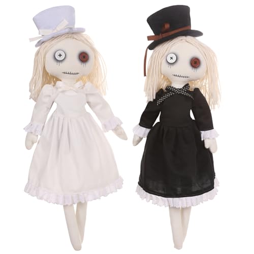 AiMiAO 2 Pack Gothic Rag Dolls Halloween Decorative Dolls with Hats Creepy Cute Fabric Dolls for Spooky Party Collection