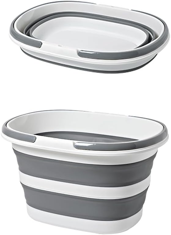 Collapsible Plastic Bucket 16L with Handle, Portable and Space Saving, Multi-Function Cleaning Laundry Basket Outdoor Basin, Elliptic Large Capacity (Gery)