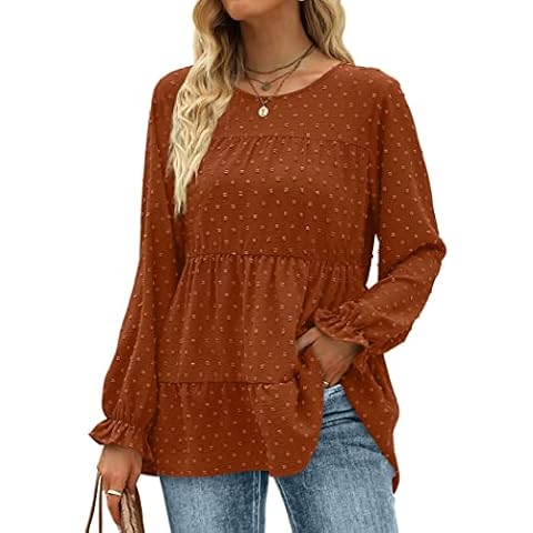 Geifa Womens Fall Fashion 2024 Long Sleeve Shirts Babydoll Tops Blouses Winter Clothes Caramel XXL Cover