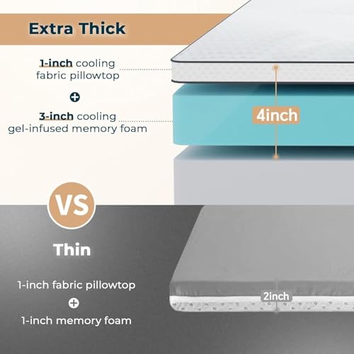 GEMBED Firm Memory Foam Mattress Topper Queen Size - Dual Layer 3 Inch Cooling Gel Memory Pad and 1 Inch Pillow Top Mattress Cover for Back Pain - 60" x 80" x 4" — view 6