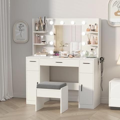 MECHYIN Vanity Desk, Make up Vanity Desk with Mirror and Lights, Vanity with Power Outlet and Stool, 3 Drawer 3 cabinets Storage Unit Dresser, Vanity with Lights 3 Models Settings for Bedroom (White) Cover