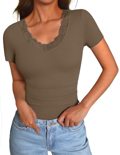 GKBK V Neck T Shirts for Women Lace Tops Going Out Casual Ribbed Tight Fitted Shirts Basic Tee Shirt 2026 Spring Clothes Summer Fashion Outfits Trendy Brown