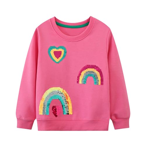 Image of Vckrio Girls Sweatshirts Rose Red Rainbow Heart Pattern Jumpers for Kids Glitter Sequins Cotton Pullover Long Sleeves Warm Shirts Casual Spring Summer Hoodless Outfits for Children Age 4-5 Years