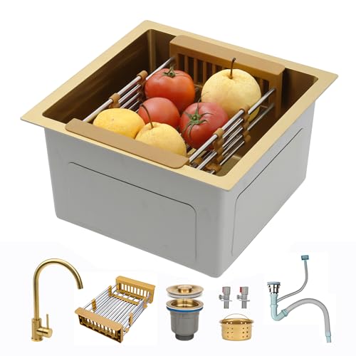 ATHOMASM 38 x 38 cm Évier de cuisine doré 1 bac - petit évier en acier inoxydable avec robinet, idéal pour bar, installation sous comptoir, encastrer ou...