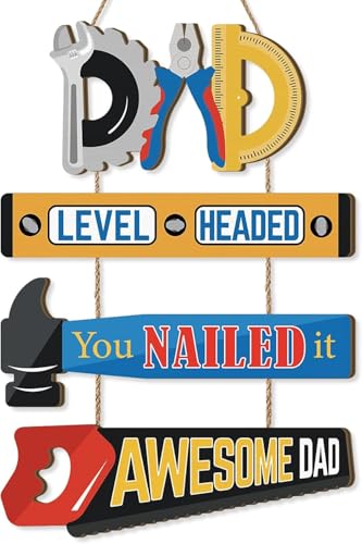 IARTTOP Happy Father's Day Wall Hanging Sign Awesome Dad Level Headed You Nailed It Wooden Sign Tools Themed Dad Quote Wall Decor Industrial Rustic Plaque for Home Workshop Garage Man Cave