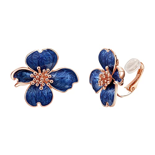 NUOKUN Clip on Earrings Women, Rose Gold Plated Earrings for Sensitive Ears, Fashion Women's Earrings Jewelry Birthday Gift for Wife Grandma mom on Christmas Thanksgiving… (Cherry blossom blue franc ear clips)