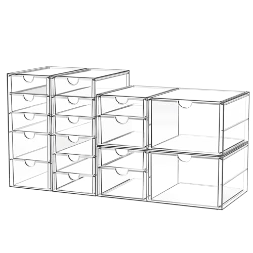 Acrylic Makeup Organizer with 17 Drawers, 4 Pack Clear Bathroom Counter Organizer for Palettes, Cosmetic, and Beauty Supplies,Ideal for Vanity, Cabinet,Desk Organization