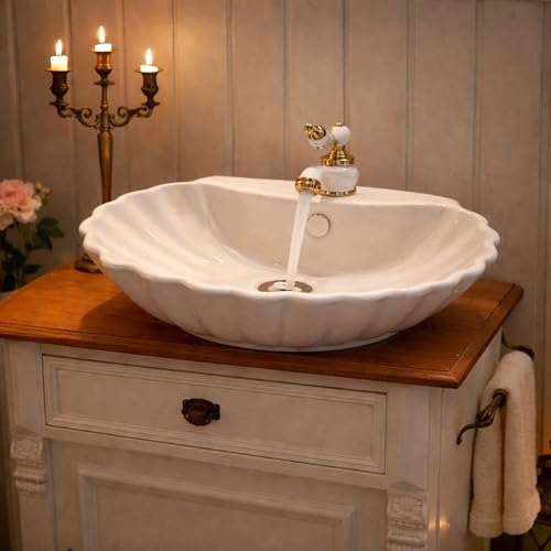 NEG Waschbecken Uno38A (Muschel-Form/oval) Vintage Aufsatz-Waschschale/Waschtisch (weiß) Barock-Style 51x46x15,5 cm