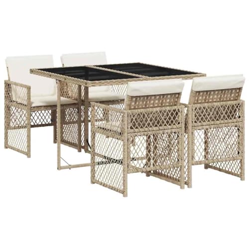 Mhdvray Ensemble de Salle à Manger de Jardin 5 Pièces en Résine Tressée, Salon de Jardin Gain de Place avec Table en Verre Trempé et 4 Chaises avec...