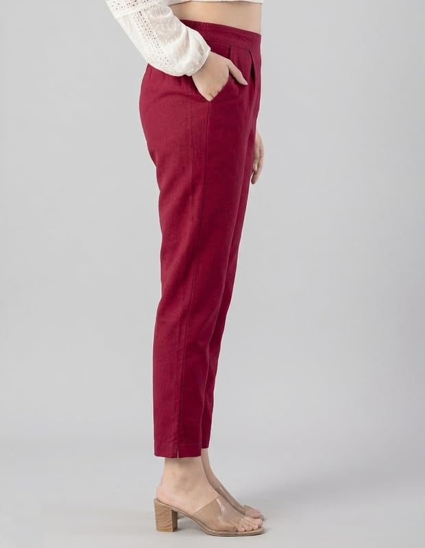 Image of Solid Cotton Woman Trousers Pants Regular Fit Kurti Pant with Drawstring Daily Office Formal Casual Use