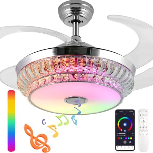 NUTCRUST Retractable Crystal Ceiling Fan with Light and Remote/APP Control, Bluetooth Speaker, RGB LED Light, 6 Speeds Reversible Blades, Chandelier for Bedroom Living Room