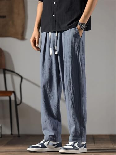 Men Cotton Linen Pants Straight Ice Silk Sweatpants Wide Leg Trousers4
